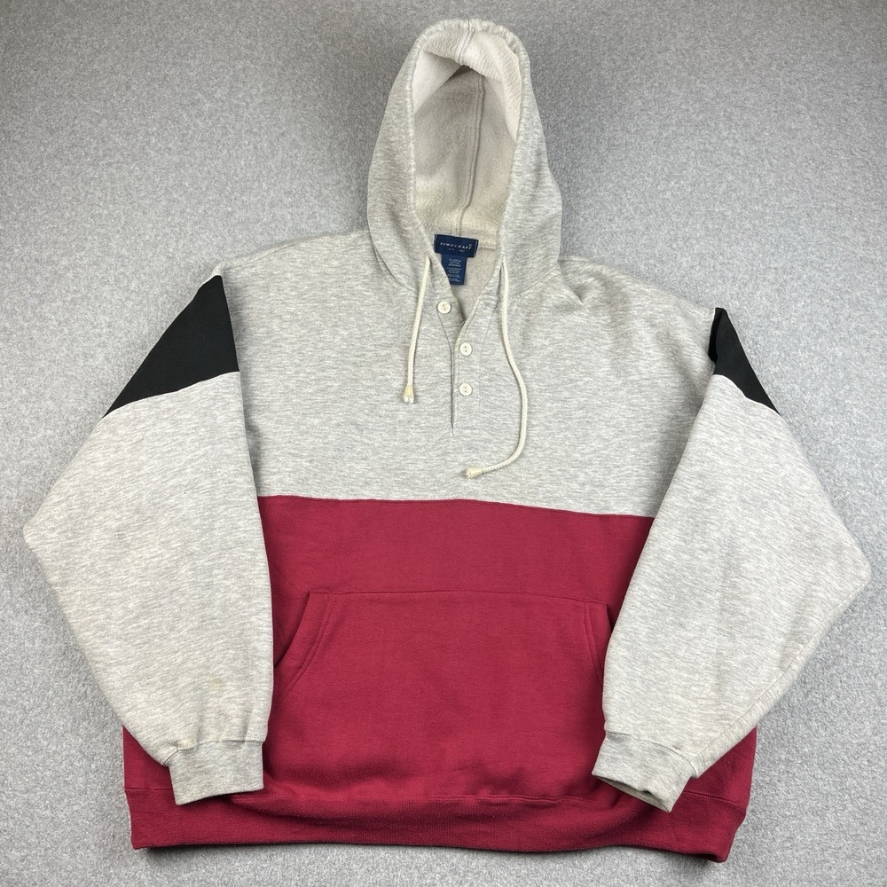 VTG Towncraft Hoodie Mens XL Tri Tone Color Block 1/4 Button Sweatshirt 80s
